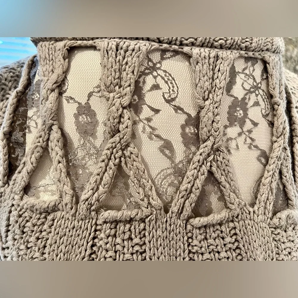 LC Lauren Conrad Lace Cotton Women's Taupe Cable Knit Sweater - Picture 4 of 14